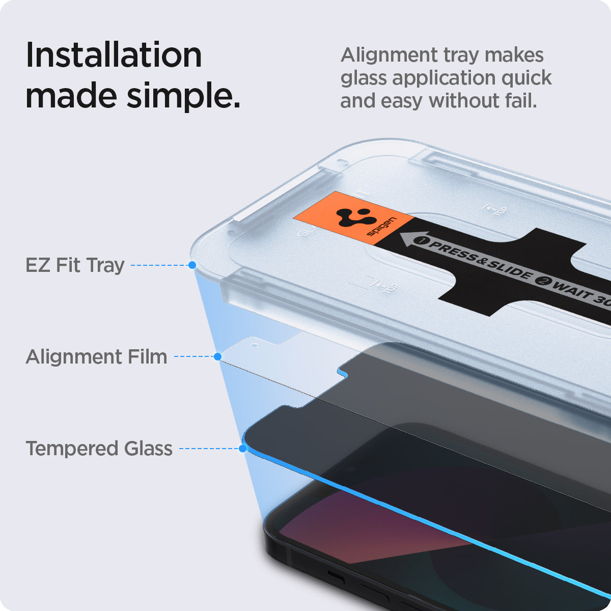 AGL03388 - iPhone 13 | 13 Pro Screen Protector EZ FIT GLAS.tR Privacy showing the installation made simple. Alignment tray makes glass application quick and easy without fail. EZ Fit Tray, Alignment Film and Tempered Glass