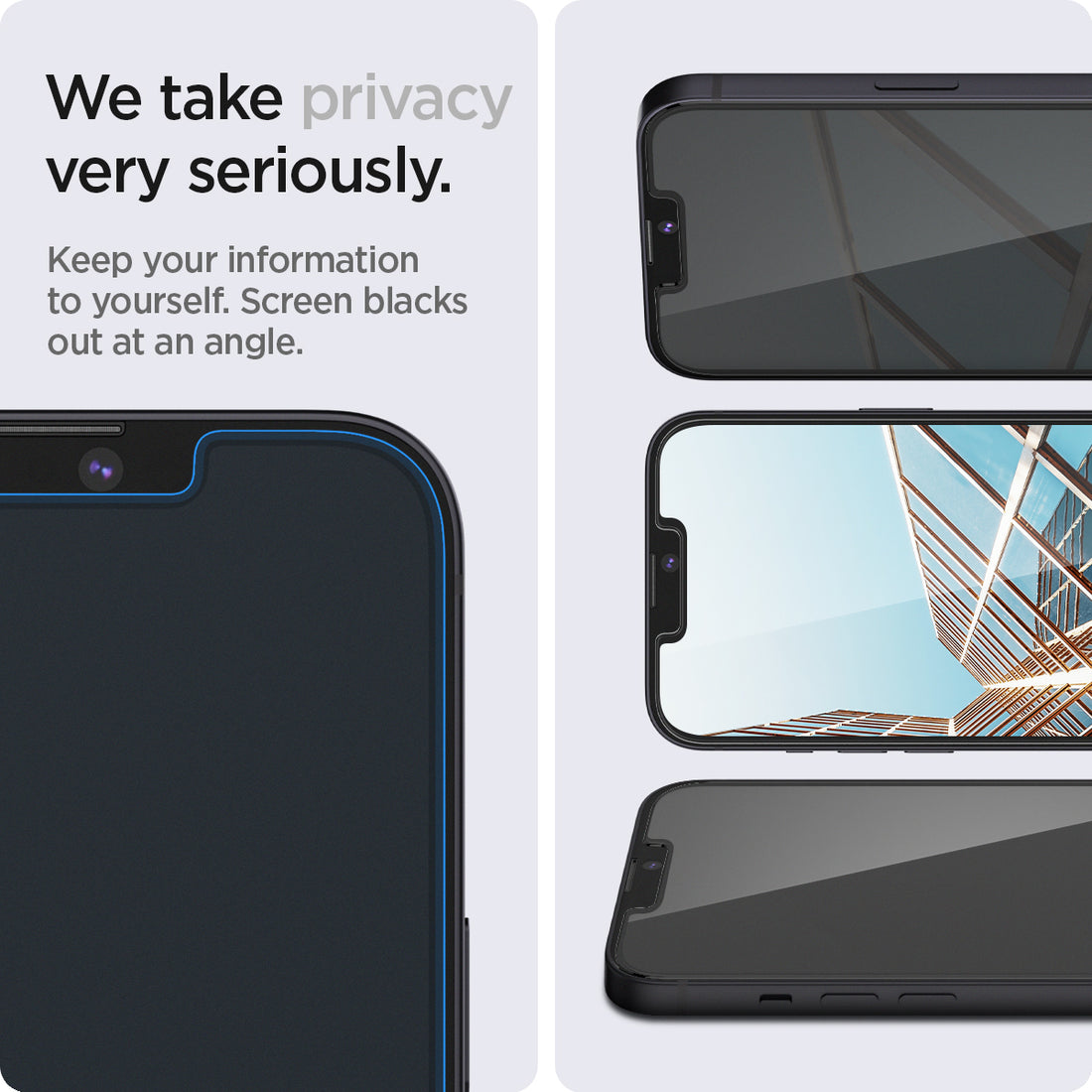 AGL03388 - iPhone 13 | 13 Pro Screen Protector EZ FIT GLAS.tR Privacy showing keeping your information to yourself. Screen blacks out at an angle. We take privacy very seriously