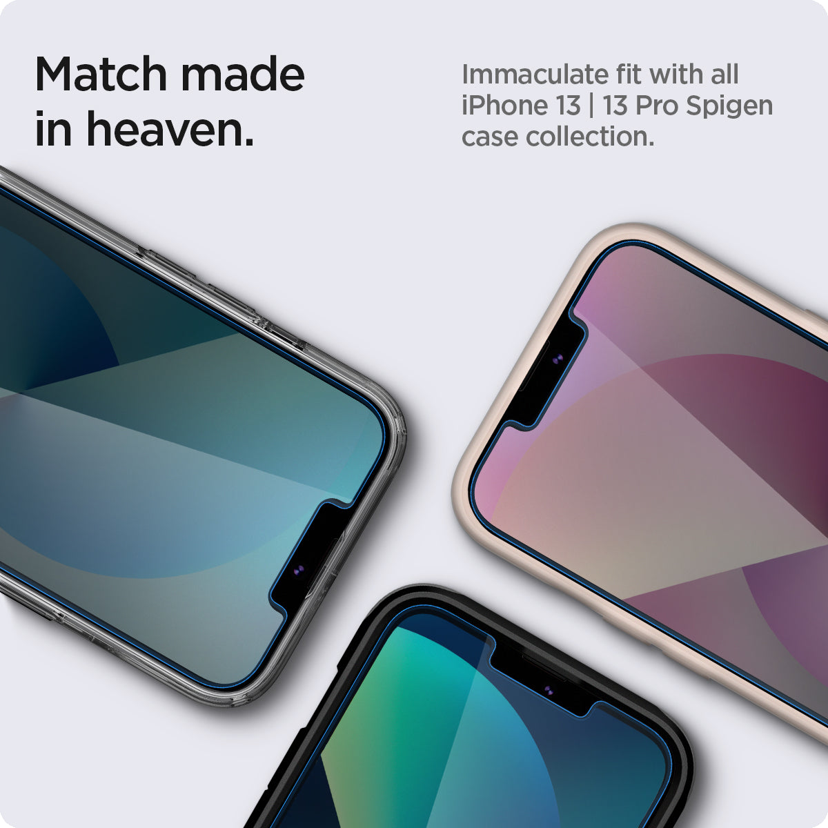 AGL03388 - iPhone 13 | 13 Pro Screen Protector EZ FIT GLAS.tR Privacy showing the match made in heaven. Immaculate fit with all iPhone 13 Pro Max Spigen case collection