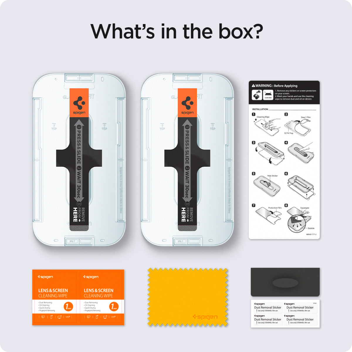 AGL03388 - iPhone 13 | 13 Pro Screen Protector EZ FIT GLAS.tR Privacy showing what's in the box? 2 screen protectors, cleaning wipes, microfiber cloth and dust sticker