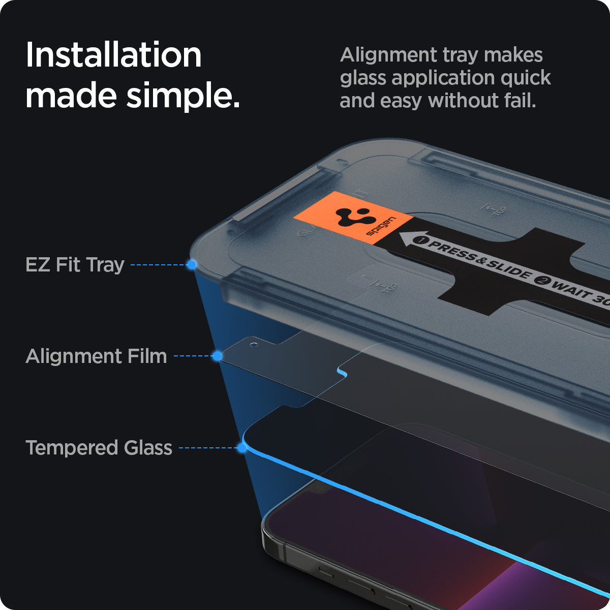 AGL03378 - iPhone 13 Pro Max Screen Protector EZ FIT GLAS.tR Privacy showing the installation made simple. Alignment tray makes glass application quick and easy without fail. EZ Fit Tray, Alignment Film and Tempered Glass