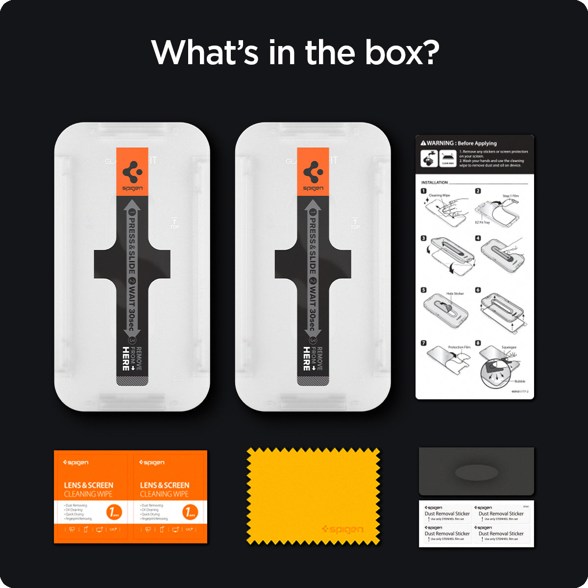 AGL03378 - iPhone 13 Pro Max Screen Protector EZ FIT GLAS.tR Privacy showing what's in the box? 2 screen protectors, cleaning wipes, microfiber cloth and dust sticker
