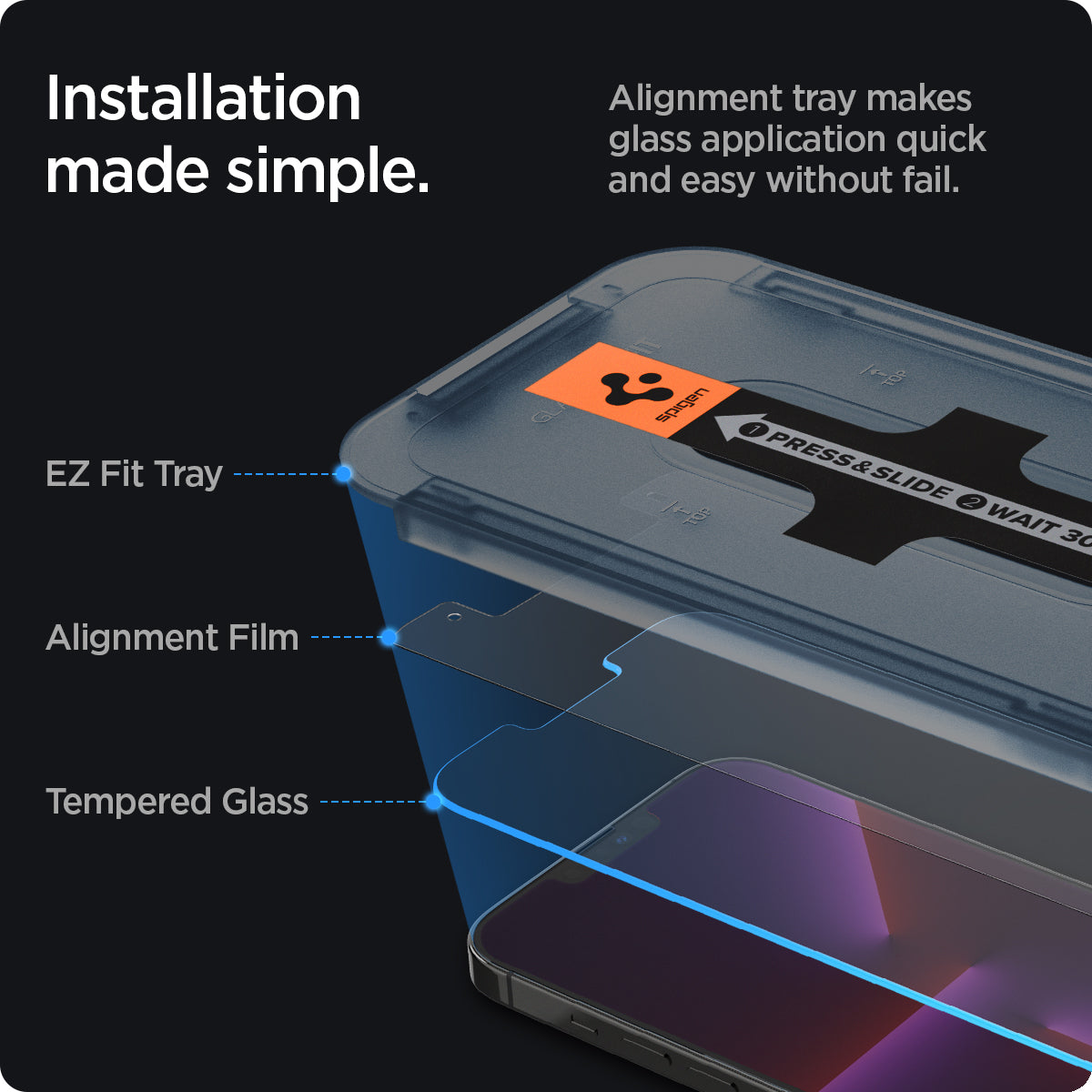 AGL03375 - iPhone 13 Pro Max Screen Protector EZ FIT GLAS.tR SLIM showing the installation made simple. Alignment tray makes glass application quick and easy without fail. EZ Fit Tray. Alignment Film and Tempered Glass