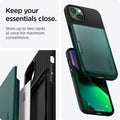ACS04563 - iPhone 13 Case Slim Armor CS in midnight green showing keep your essentials close. Store up to two cards at once for maximum convenience.