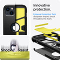 ACS03539 - iPhone 13 Case Tough Armor in black showing the innovative protection. Extreme Protection Tech dissipates impact shock throughout its foam