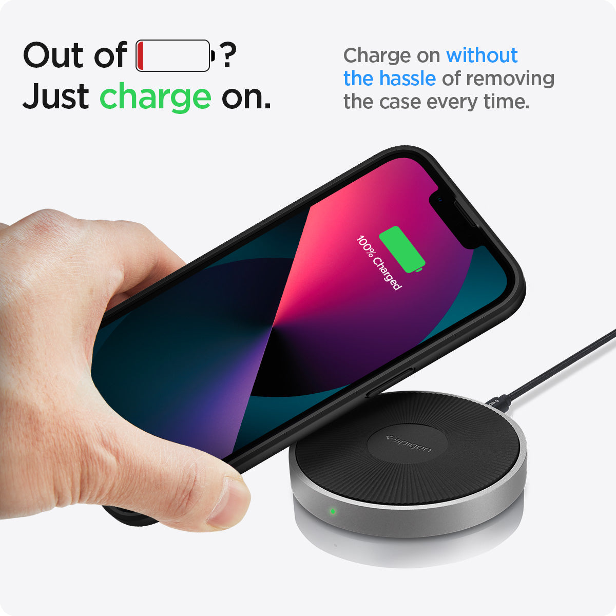 ACS03523 - iPhone 13 Case Ultra Hybrid in matte black showing the charging on without the hassle of removing the case every time