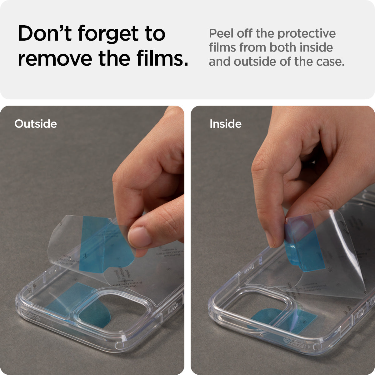 ACS03522 - iPhone 13 Case Ultra Hybrid in crystal clear showing the peeling off the protective films from both inside and outside of the case