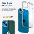 ACS03522 - iPhone 13 Case Ultra Hybrid in crystal clear showing the two material hybrid design that protects and preserves the device's originality. Anti-yellowing with blue resin coating