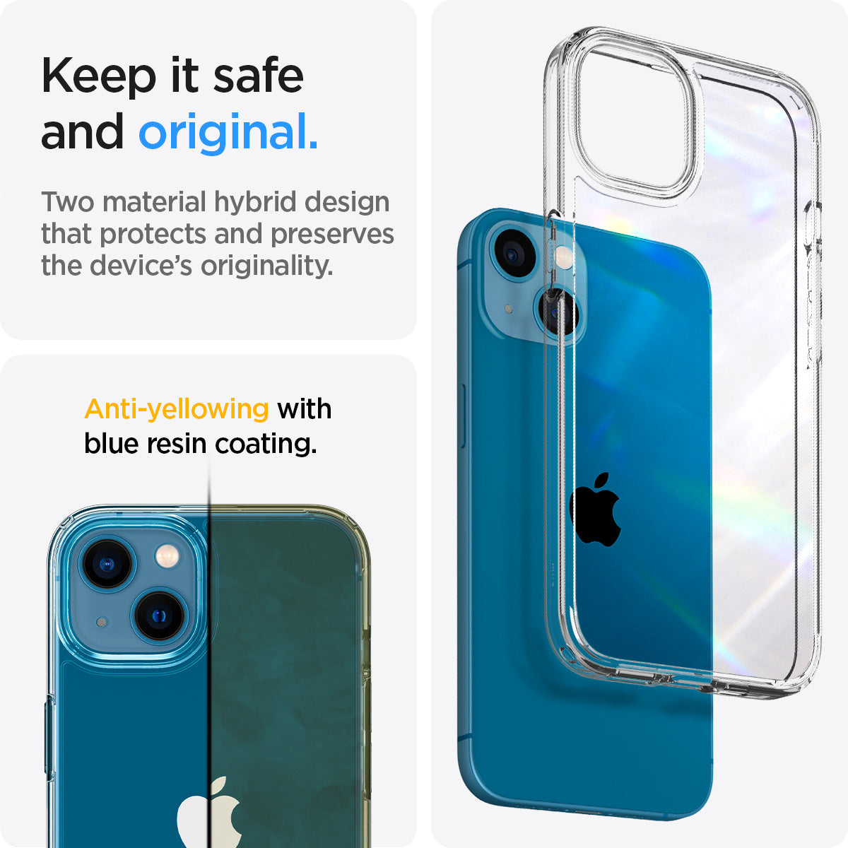 ACS03522 - iPhone 13 Case Ultra Hybrid in crystal clear showing the two material hybrid design that protects and preserves the device's originality. Anti-yellowing with blue resin coating