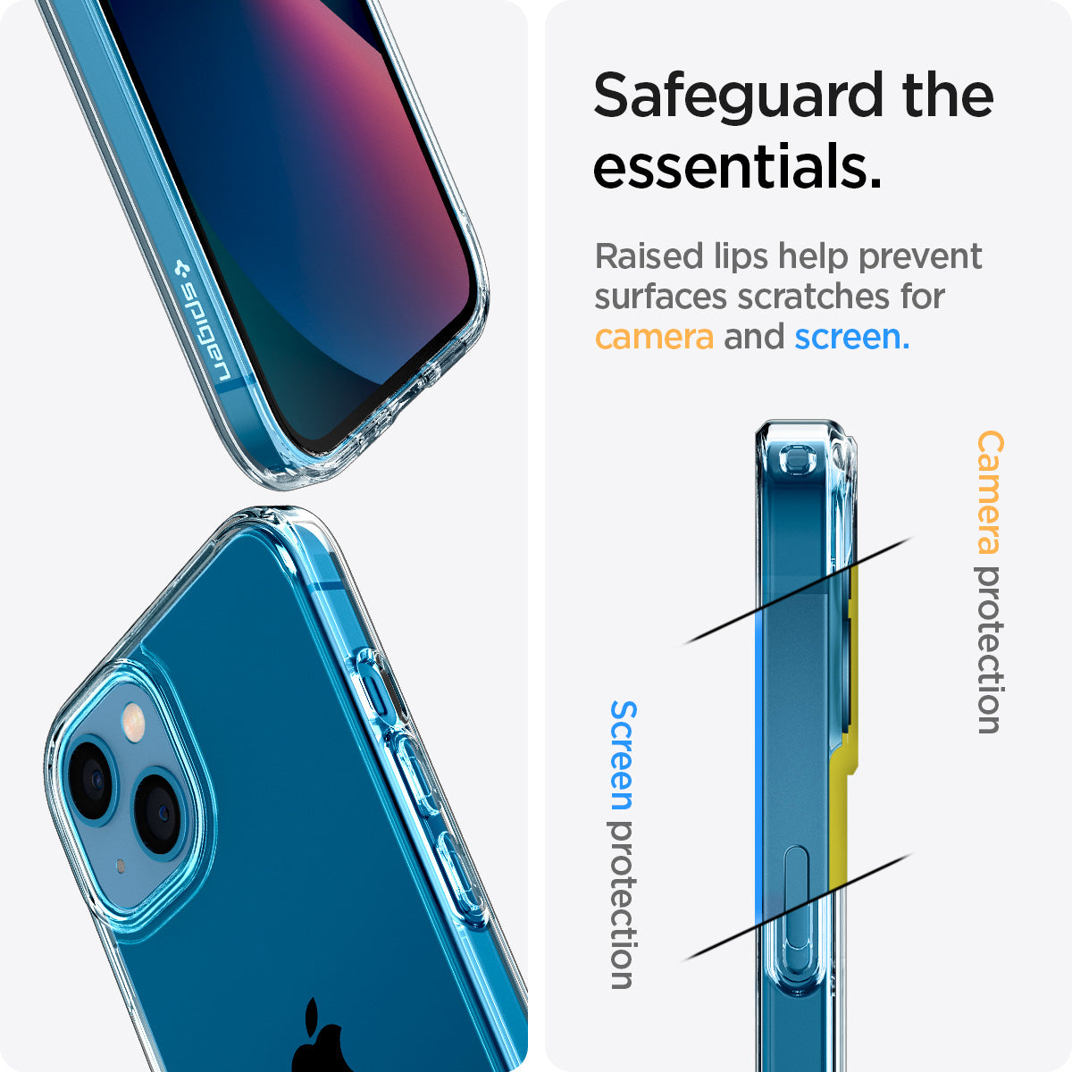 ACS03522 - iPhone 13 Case Ultra Hybrid in crystal clear showing the raised lips help prevent surfaces scratches for camera and screen. Screen protection and Camera protection