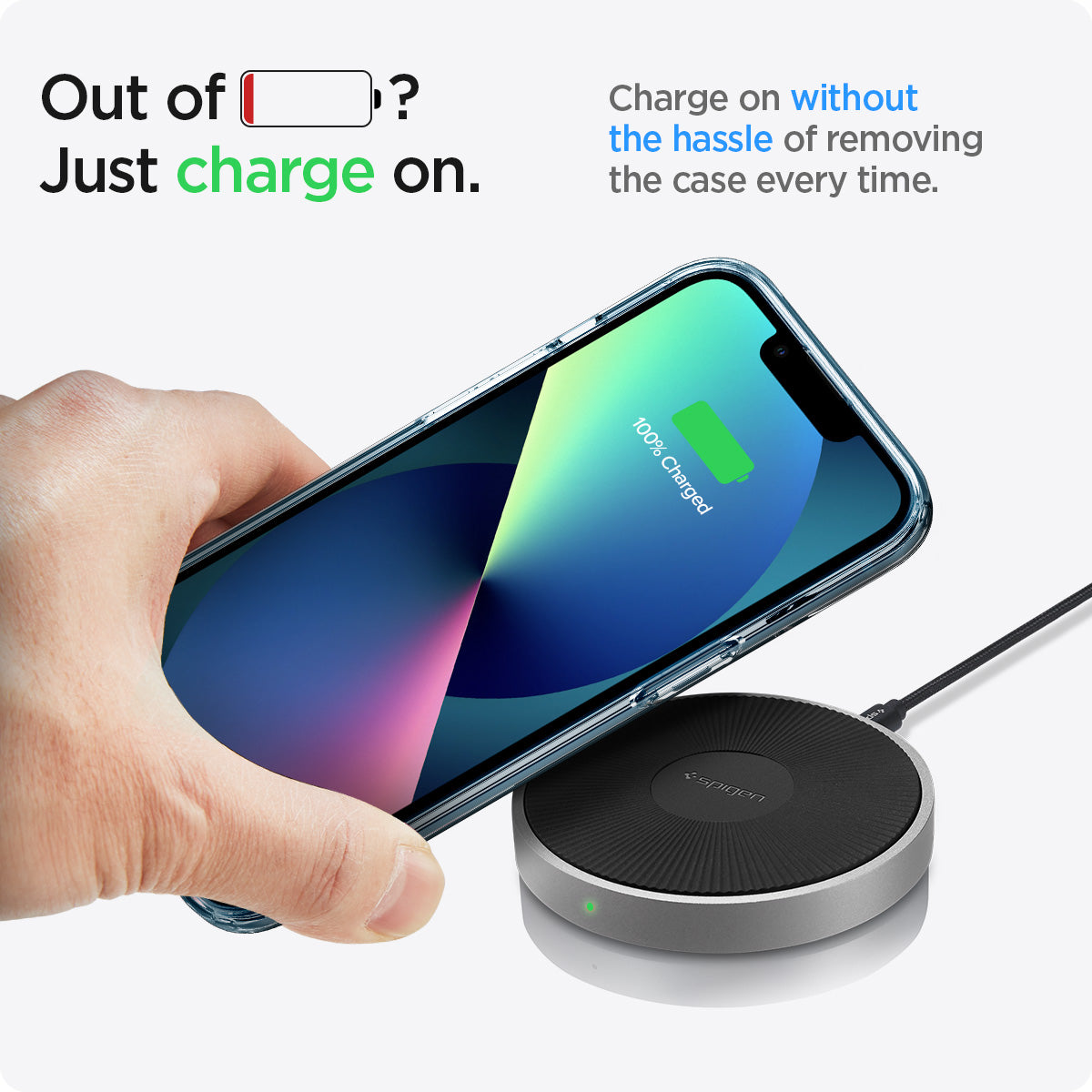 ACS03522 - iPhone 13 Case Ultra Hybrid in crystal clear showing the charging on without the hassle of removing the case every time