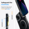 ACS04086 - iPhone 13 Case Ultra Hybrid Mag Safe Compatible in carbon fiber showing the raised lips help prevent surfaces scratches for camera and screen. Screen protection and camera protection