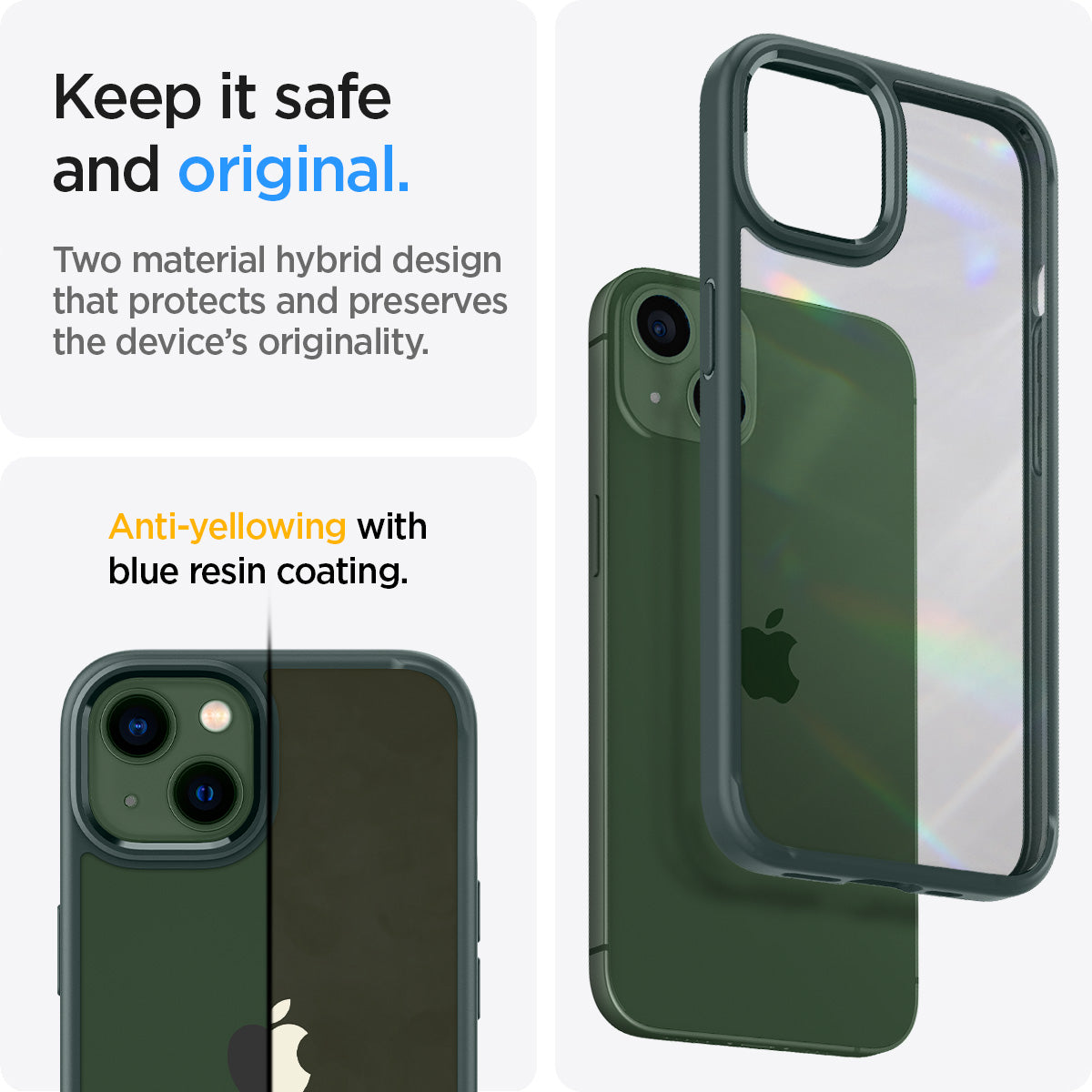 ACS04562 - iPhone 13 Case Ultra Hybrid in Midnight Green showing the two material hybrid design that protects and preserves the device's originality. Anti-yellowing with blue resin coating