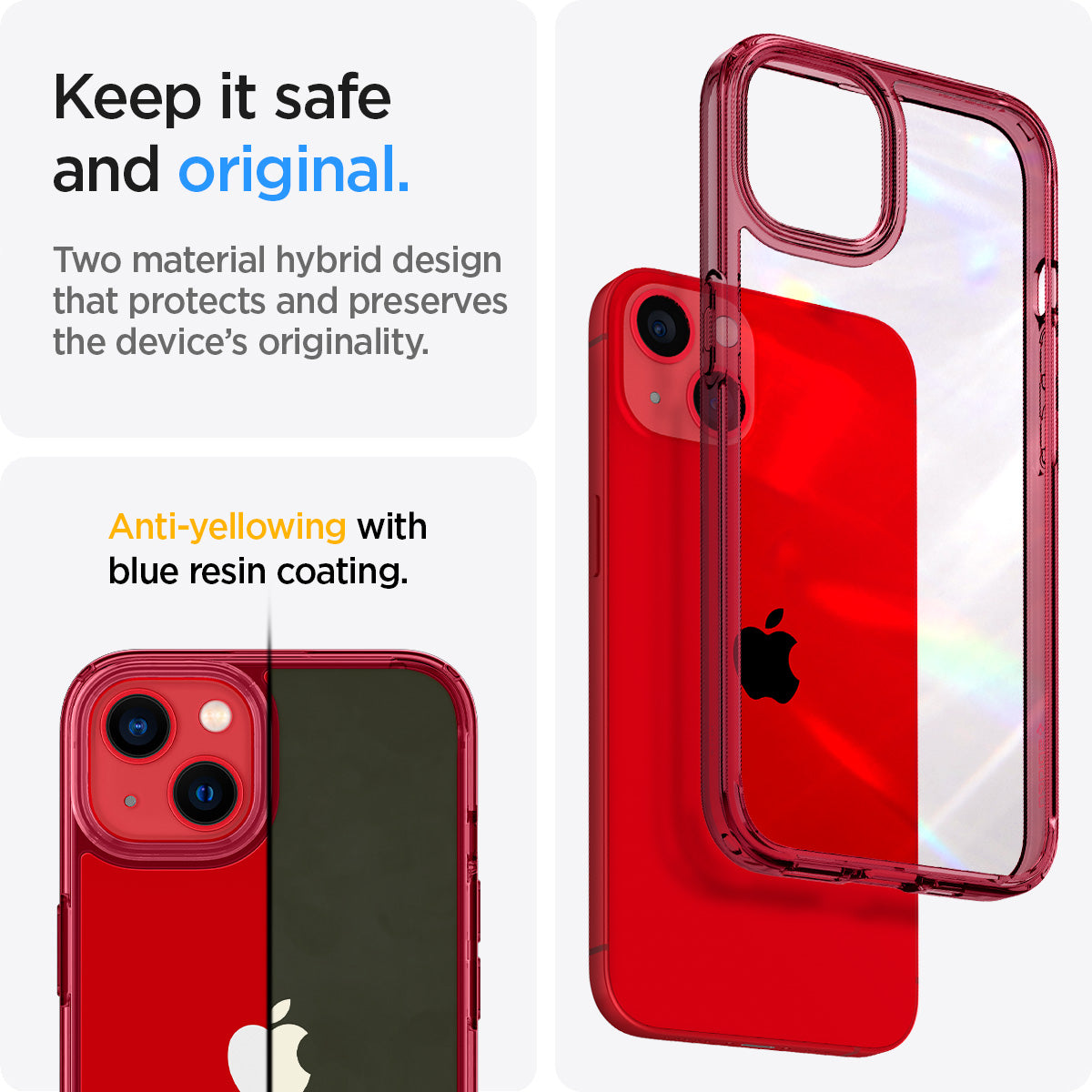 ACS03524 - iPhone 13 Case Ultra Hybrid in red crystal showing the two material hybrid design that protects and preserves the device's originality. Anti-yellowing with blue resin coating