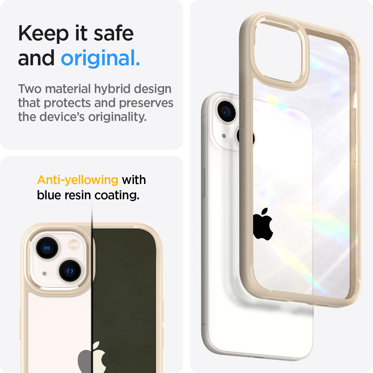 ACS03526 - iPhone 13 Case Ultra Hybrid in sand beige showing the two material hybrid design that protects and preserves the device's originality. Anti-yellowing with blue resin coating