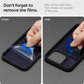 ACS03625 - iPhone 13 Mini Case Ultra Hybrid Matte in frost black showing peeling off both films form inside and outside of the case. Don't forget to remove the films