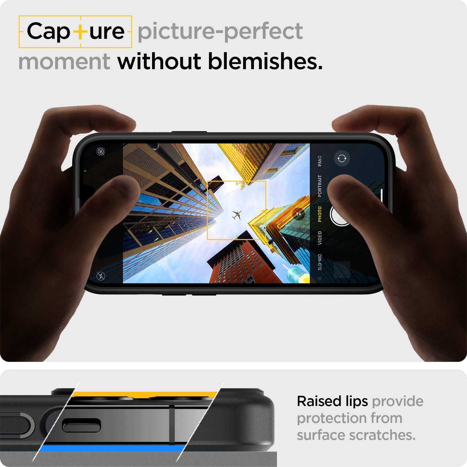 ACS03625 - iPhone 13 Mini Case Ultra Hybrid Matte in frost black showing the raised lips provide protection from surface scratches. Capture picture-perfect moment without blemishes