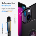 ACS03314 - iPhone 13 Mini Case Rugged Armor in matte black showing the raised lips help to prevent surfaces scratches for camera and screen. Camera protection and screen protection