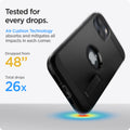ACS03331 - iPhone 13 Mini Case Tough Armor in black showing tested for every drops. Air Cushion Technology absorbs and mitigates all impacts in each corner. Dropped from 48