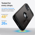 ACS03330 - iPhone 13 Mini Case Tough Armor in gunmetal showing tested for every drops. Air Cushion Technology absorbs and mitigates all impacts in each corner. Dropped from 48