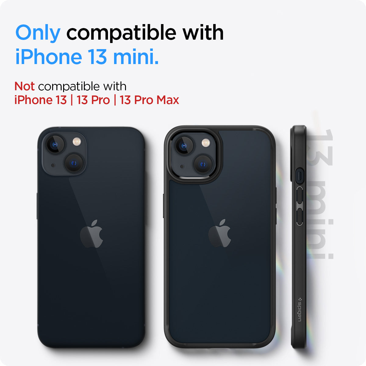 ACS03318 - iPhone 13 Mini Case Ultra Hybrid in matte black showing the compatibility only with iPhone 13 mini. Not compatible with iPhone 13 | 13 Pro | 13 Pro Max