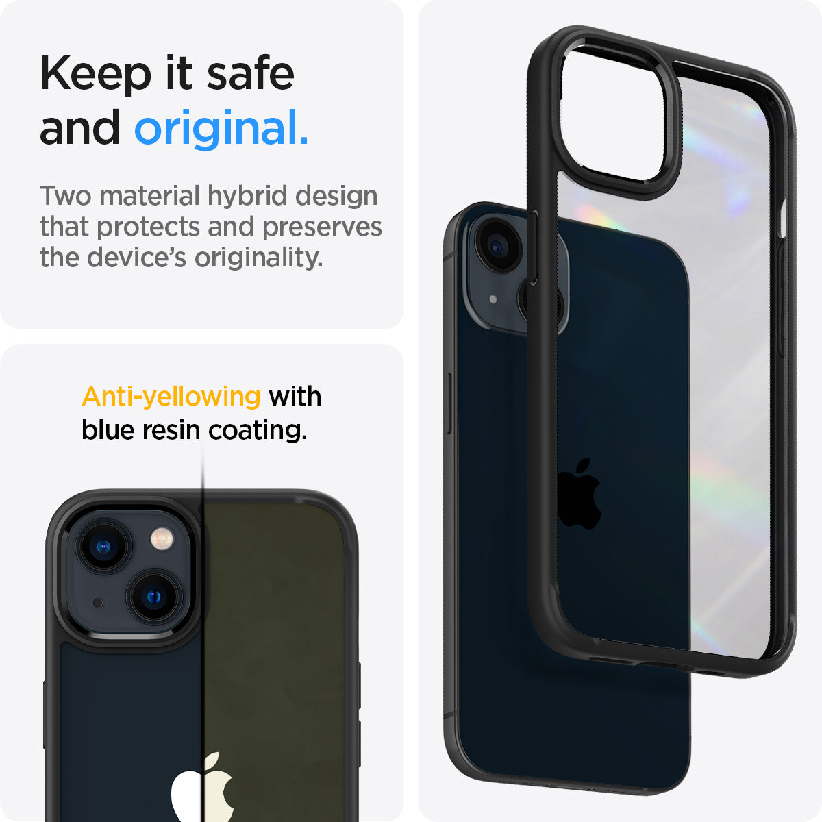 ACS03318 - iPhone 13 Mini Case Ultra Hybrid in matte black showing the two material hybrid design that protects and preserves the device's originality. Anti-yellowing with blue resin coating