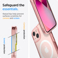 ACS03324 - iPhone 13 Mini Case Ultra Hybrid Mag Safe Compatible in rose crystal showing the raised lips help prevent surfaces scratches for camera and screen. Screen protection and camera protection