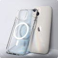 ACS03322 - iPhone 13 Mini Case Ultra Hybrid Mag Safe Compatible in white showing the back of the case leaning against the back of the device