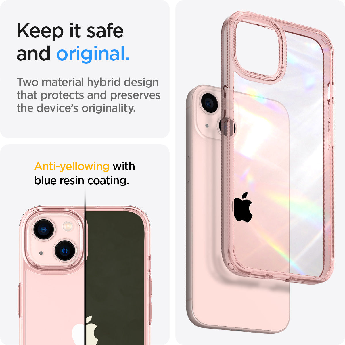 ACS03320 - iPhone 13 Mini Case Ultra Hybrid in rose crystal showing the two material hybrid design that protects and preserves the device's originality. Anti-yellowing with blue resin coating