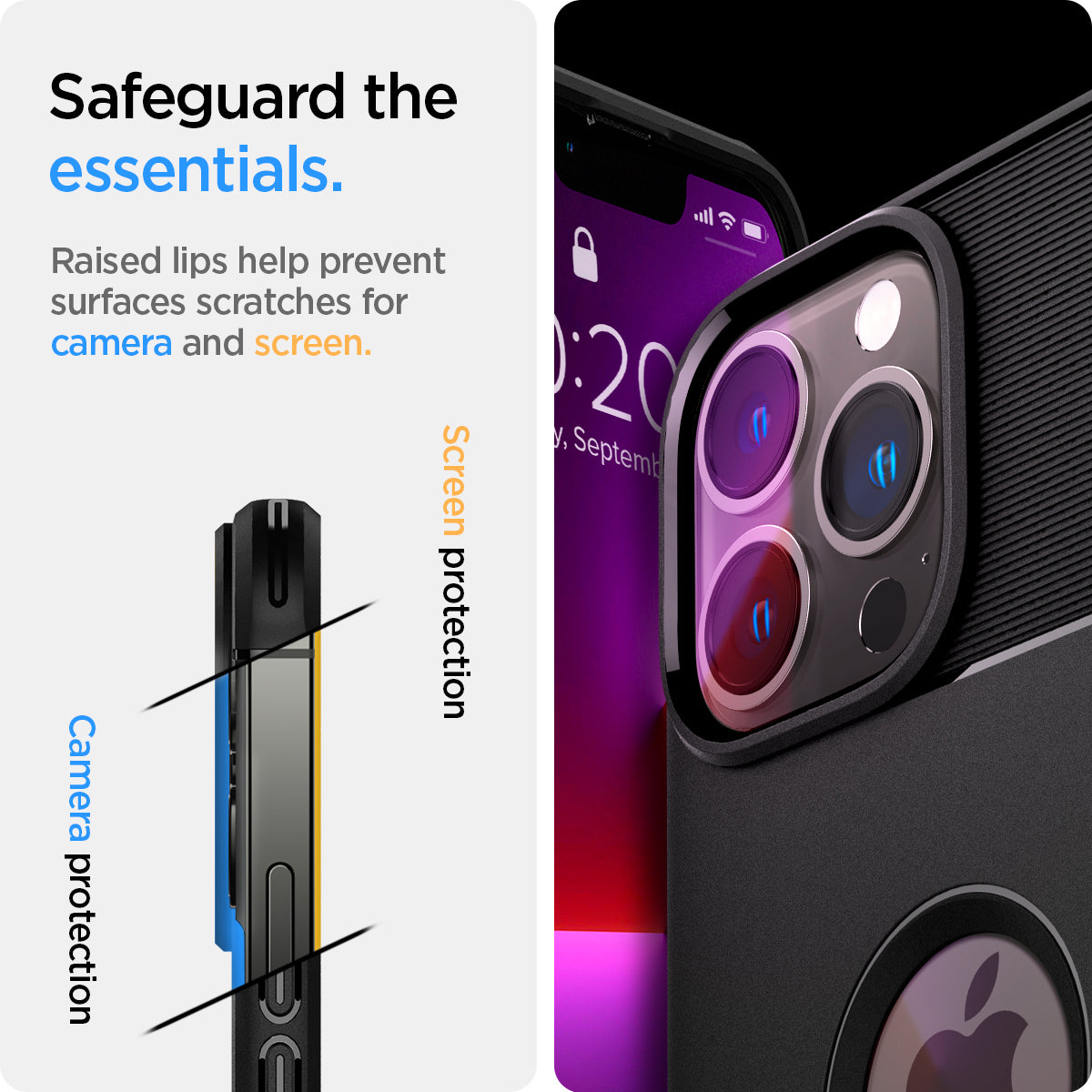 ACS03200 - iPhone 13 Pro Max Case Rugged Armor in matte black showing  raised lips help to prevent surfaces scratches for camera and screen. Camera protection and screen protection