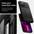 ACS03274 - iPhone 13 Pro Case Slim Armor CS in black showing keep your essentials close. Store up to two cards at once for maximum convenience.