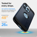 ACS03223 - iPhone 13 Pro Max Case Tough Armor in metal slate showing tested for every drops. Air Cushion Technology absorbs and mitigates all impacts in each corner. Dropped from 48