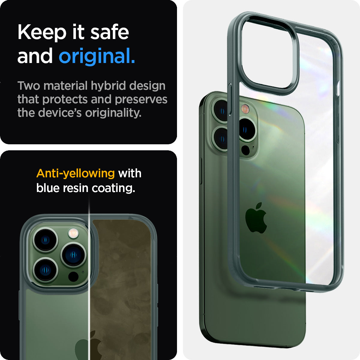 ACS04558 - iPhone 13 Pro Max Case Ultra Hybrid in midnight green showing the two material hybrid design that protects and preserves the device's originality. Anti-yellowing with blue resin coating