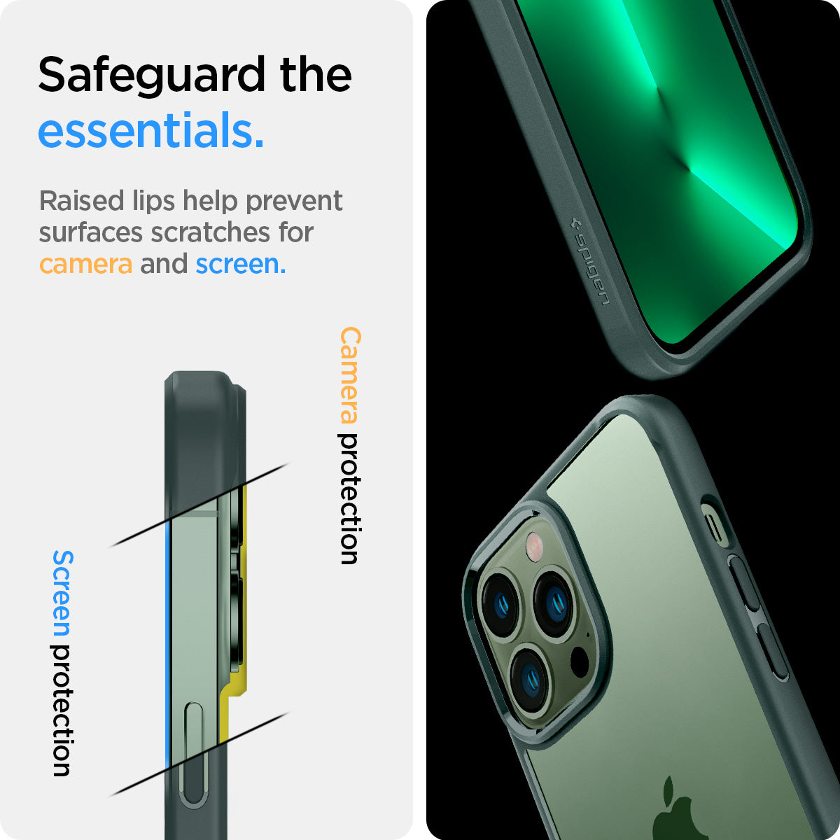 ACS04558 - iPhone 13 Pro Max Case Ultra Hybrid in midnight green showing the raised lips help prevent surfaces scratches for camera and screen. Screen protection and Camera protection