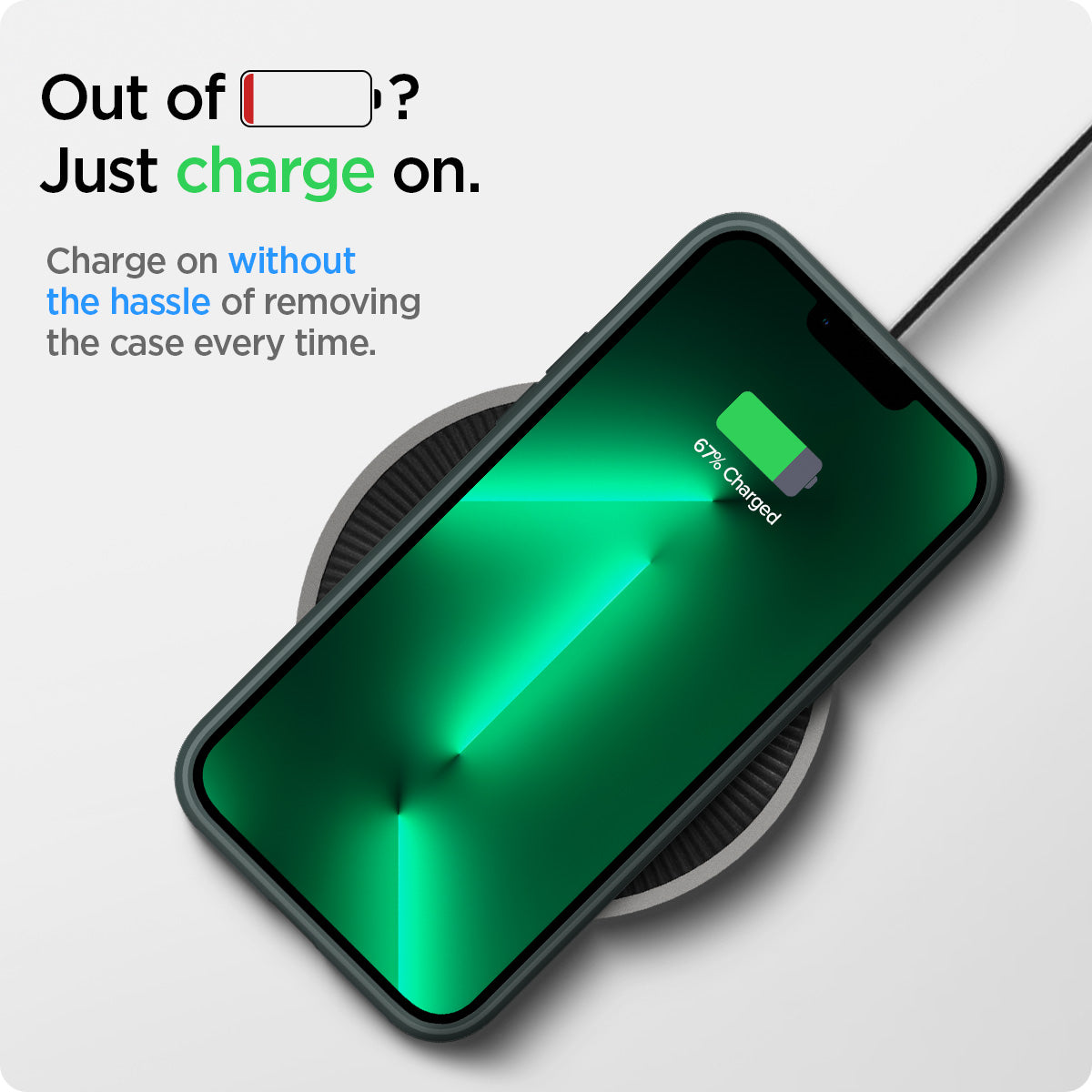 ACS04558 - iPhone 13 Pro Max Case Ultra Hybrid in midnight green showing charging on without the hassle of removing the case every time