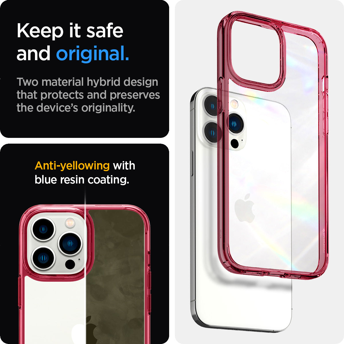 ACS03206 - iPhone 13 Pro Max Case Ultra Hybrid in red crystal showing the two material hybrid design that protects and preserves the device's originality. Anti-yellowing with blue resin coating