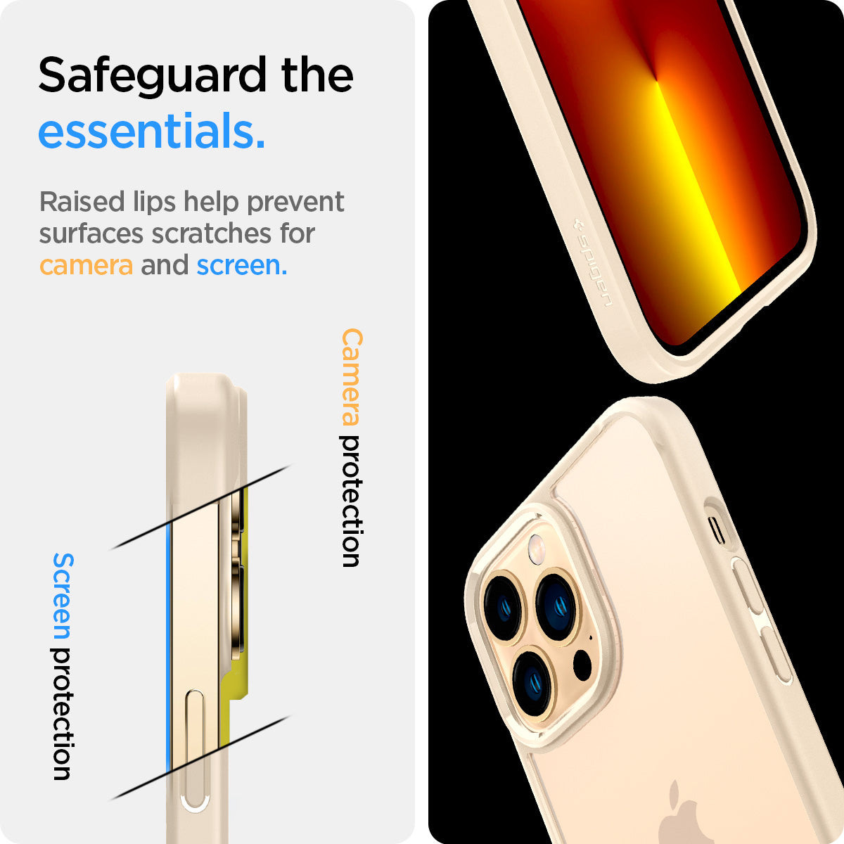 ACS03208 - iPhone 13 Pro Max Case Ultra Hybrid in sand beige showing the raised lips help prevent surfaces scratches for camera and screen. Screen protection and Camera protection