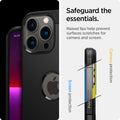 ACS03277 - iPhone 13 Pro Case Tough Armor in black showing safeguard the essentials. Raised lips help prevent surfaces scratches for camera and screen.