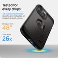 ACS03276 - iPhone 13 Pro Case Tough Armor in gunmetal showing tested for every drops. Air Cushion Technology absorbs and mitigates all impacts in each corner. Dropped from 48