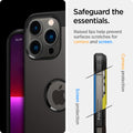 ACS03276 - iPhone 13 Pro Case Tough Armor in gunmetal showing safeguard the essentials. Raised lips help prevent surfaces scratches for camera and screen.