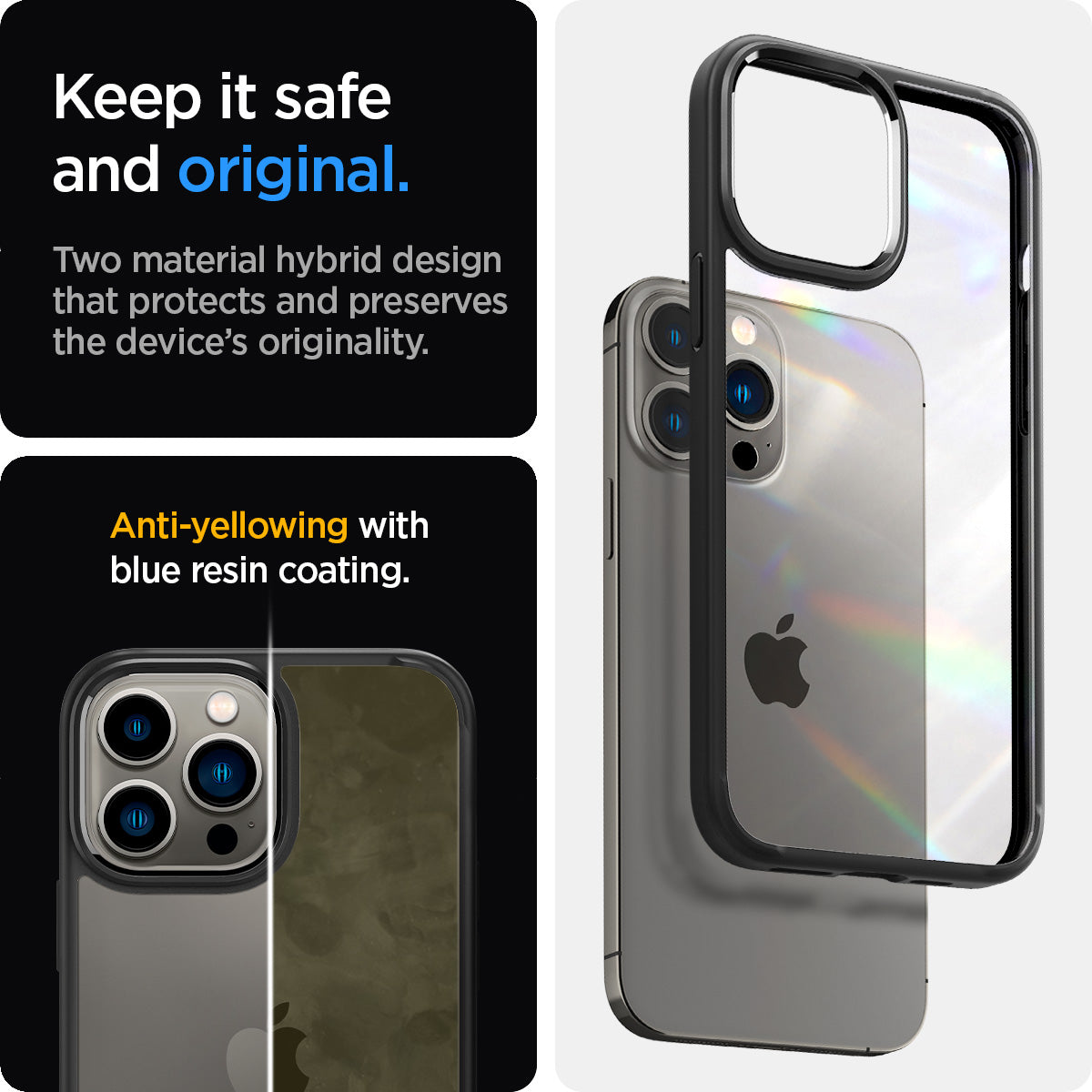 ACS03262 - iPhone 13 Pro Case Ultra Hybrid in matte black showing the two material hybrid design that protects and preserves the device's originality. Anti-yellowing with blue resin coating