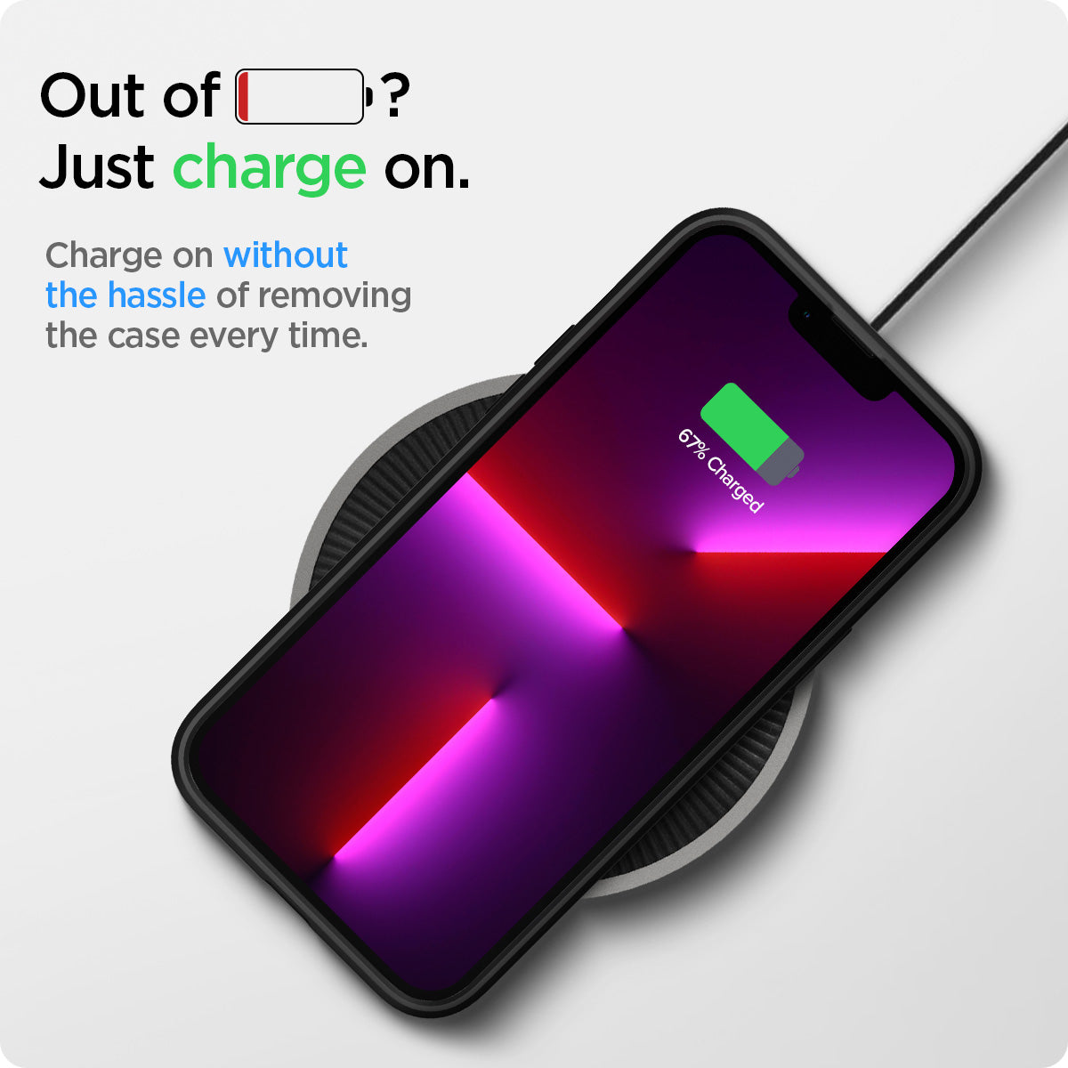 ACS03262 - iPhone 13 Pro Case Ultra Hybrid in matte black showing the charging on without the hassle of removing the case every time