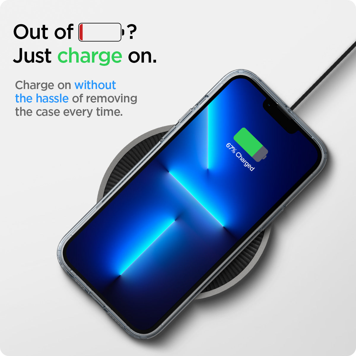 ACS03261 - iPhone 13 Pro Case Ultra Hybrid in crystal clear showing the charging on without the hassle of removing the case every time