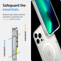 ACS03267 - iPhone 13 Pro Case Ultra Hybrid Mag Safe Compatible in white showing the raised lips help prevent surfaces scratches for camera and screen. Screen protection and camera protection