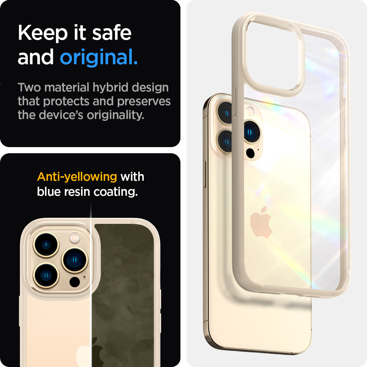 ACS03265 - iPhone 13 Pro Case Ultra Hybrid in sand beige showing the two material hybrid design that protects and preserves the device's originality. Anti-yellowing with blue resin coating