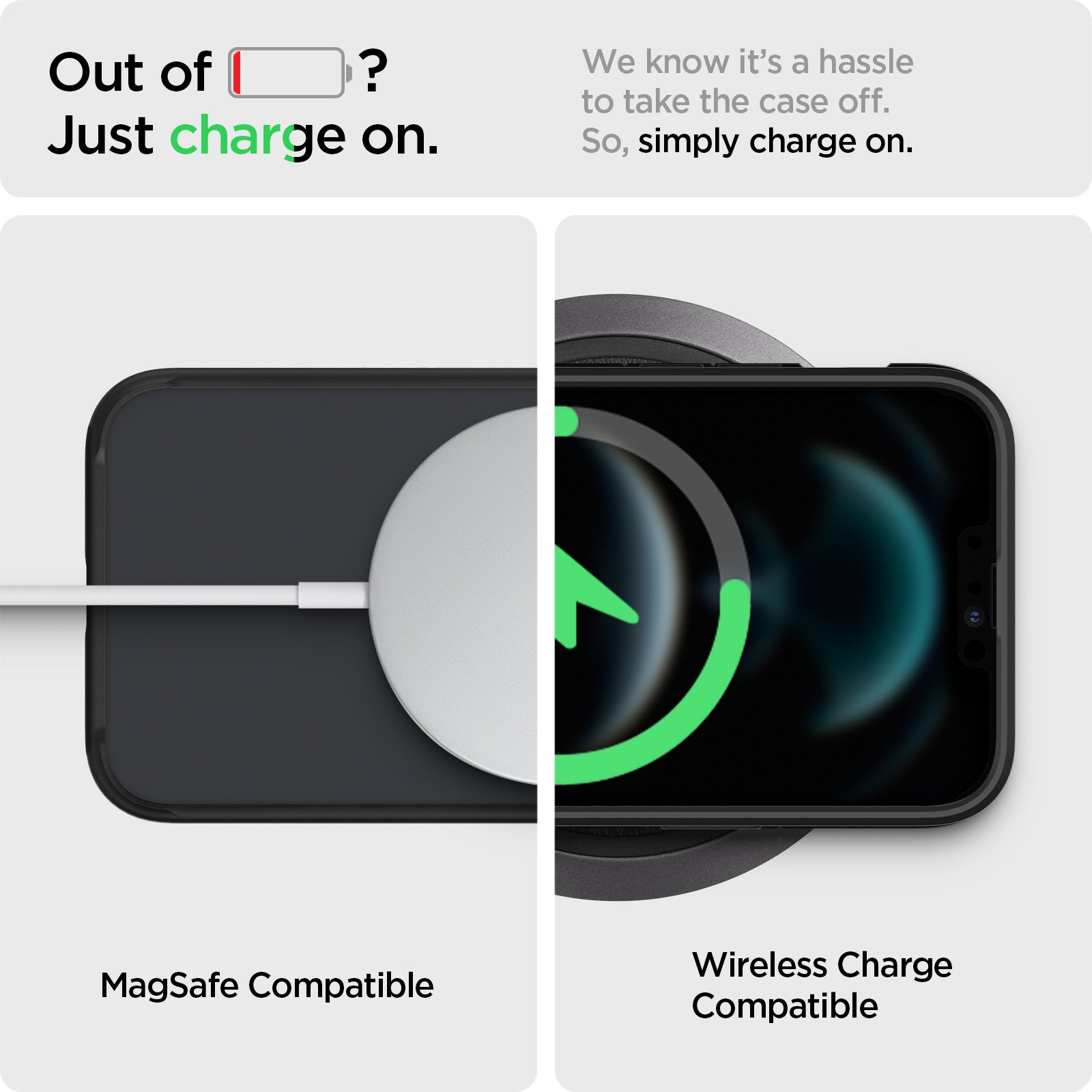 ACS03621 - iPhone 13 Pro Case Ultra Hybrid Matte in frost black showing simply charge on. MagSafe compatible. Wireless Charge compatible