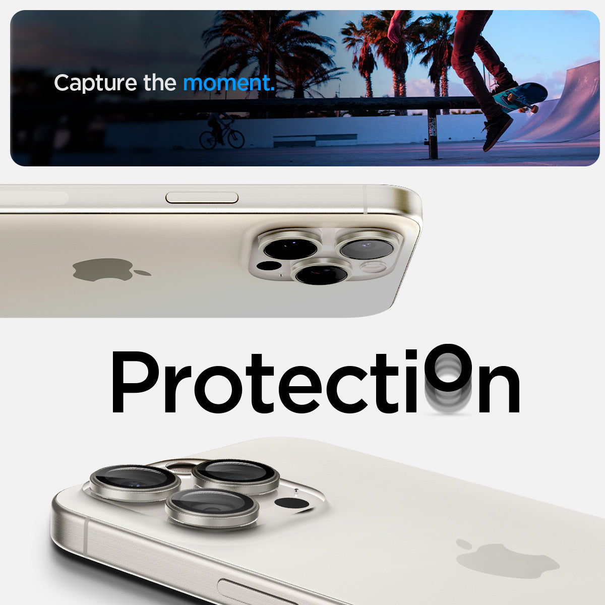 AGL07165 - iPhone 16 Pro / 16 Pro Max Optik Pro Lens Protector in white titanium showing the protection while capturing the moment
