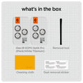 AGL07165 - iPhone 16 Pro / 16 Pro Max Optik Pro Lens Protector in white titanium showing the what's in the box. 2 pack of Glas.tR EZFit Optik Pro, Removal tool, Cleaning cloth and Dust removal sticker