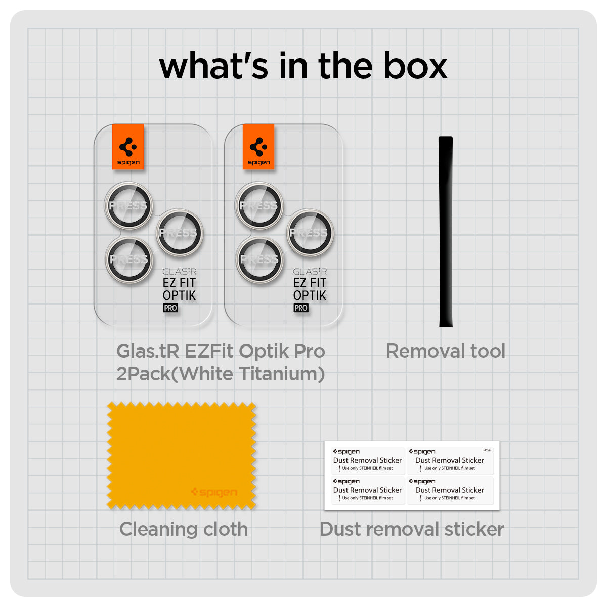 AGL07165 - iPhone 16 Pro / 16 Pro Max Optik Pro Lens Protector in white titanium showing the what's in the box. 2 pack of Glas.tR EZFit Optik Pro, Removal tool, Cleaning cloth and Dust removal sticker