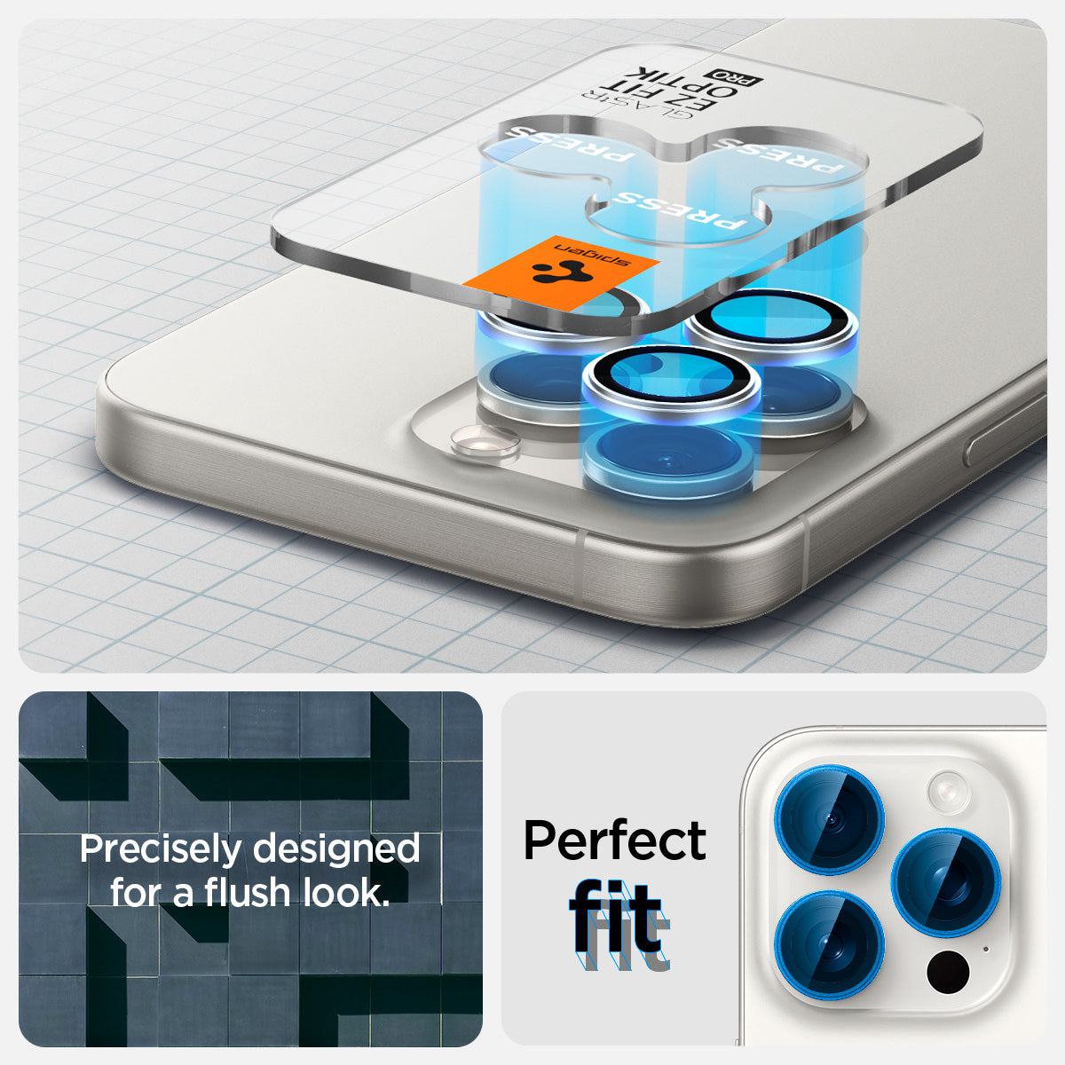 AGL07165 - iPhone 16 Pro / 16 Pro Max Optik Pro Lens Protector in white titanium showing the perfect fit. Precisely designed for a flush look